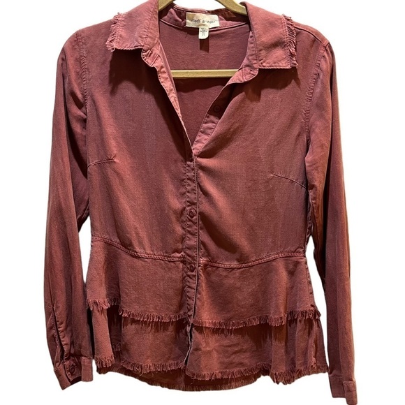 Cloth & Stone Tencel Red Chambray Peplum Button Down Top Frayed Hem Sz XS - Picture 3 of 10